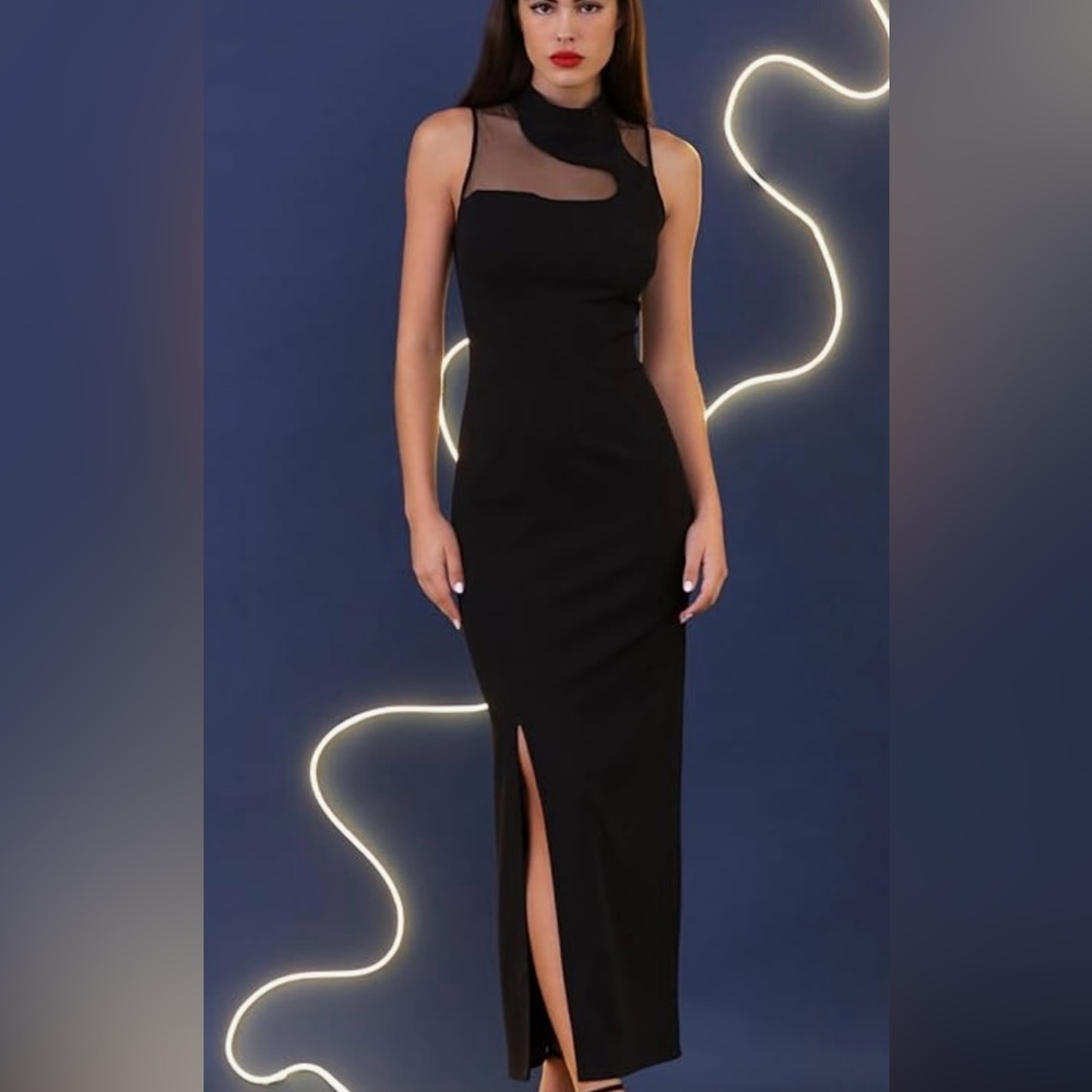 DONNA MORGAN Illusion Neck Sleeveless Black Midi/Maxi Dress, 10